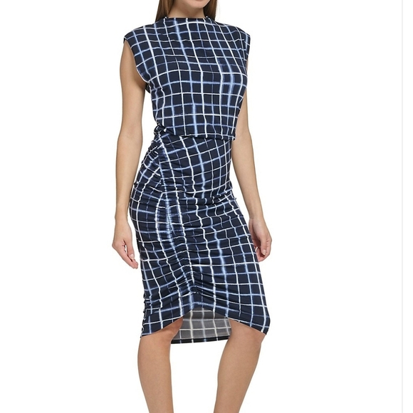 Calvin Klein Check Ruched Knee length dress - size Small - Picture 1 of 9